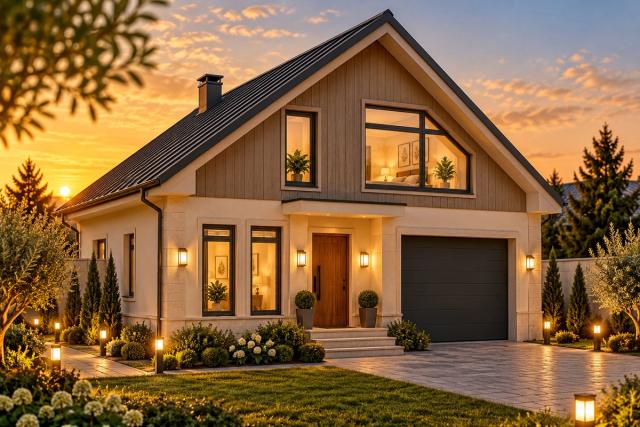 MM10-212 layihəsinin fasad vizuallaşdırması — mansardlı ev, iki yamaclı dam