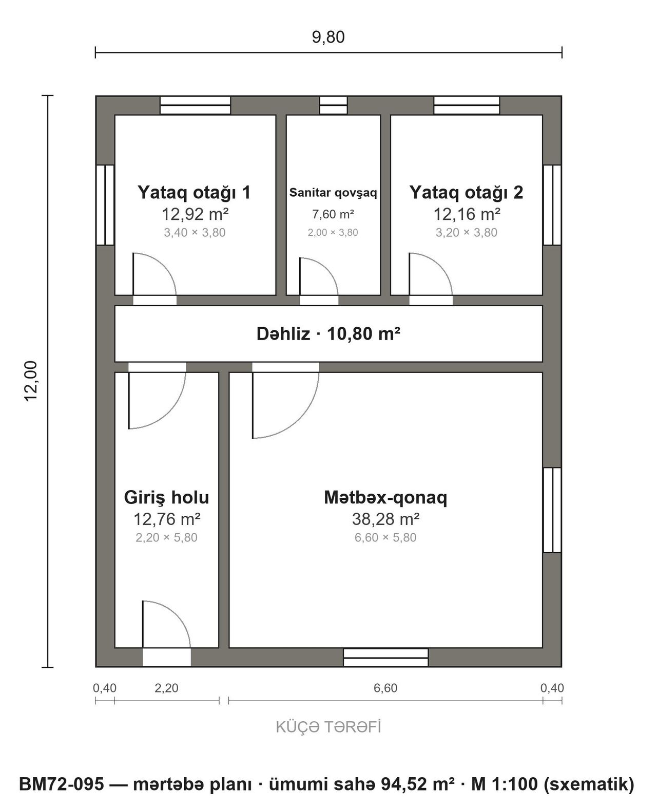 BM72-095 layihəsinin mərtəbə planı — 95 m², 2 yataq otağı