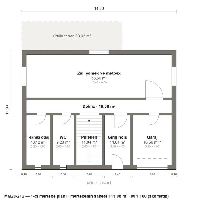 MM20-212 layihəsinin 1-ci mərtəbə planı — 111,08 m²