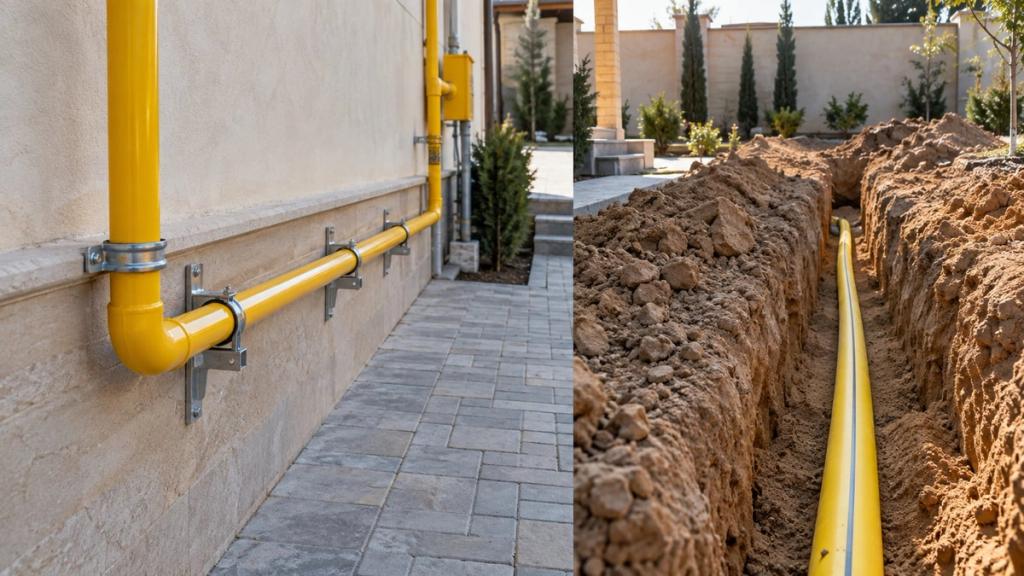 Yerüstü və yeraltı qaz xətti: divardakı boru və xəndəkdəki boru