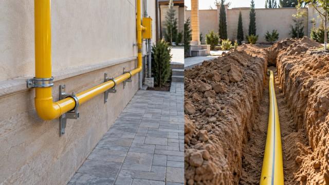 Yerüstü və yeraltı qaz xətti: divardakı boru və xəndəkdəki boru