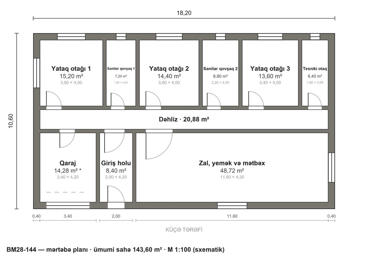 BM28-144 layihəsinin mərtəbə planı — 144 m², 3 yataq otağı