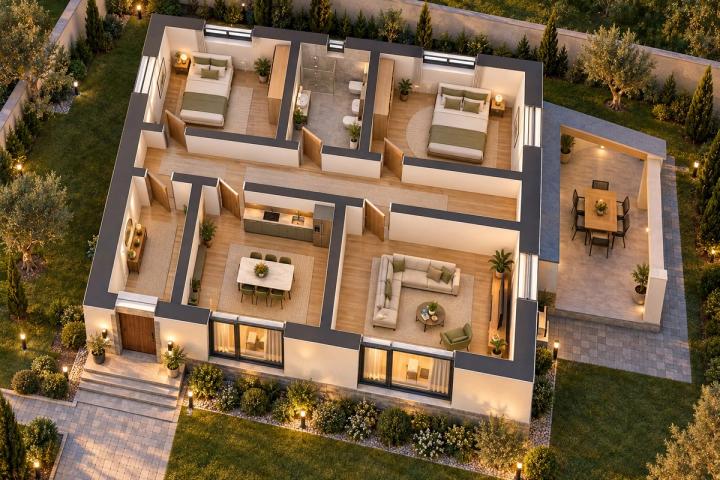 BM75-096 layihəsinin 3D kəsik planı — mebelli otaqlar, vizuallaşdırma