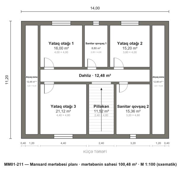 MM01-211 layihəsinin mansard mərtəbəsi planı — 3 yataq otağı