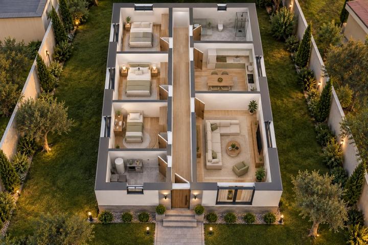 BM05-104 layihəsinin 3D kəsik planı — mebelli otaqlar, vizuallaşdırma