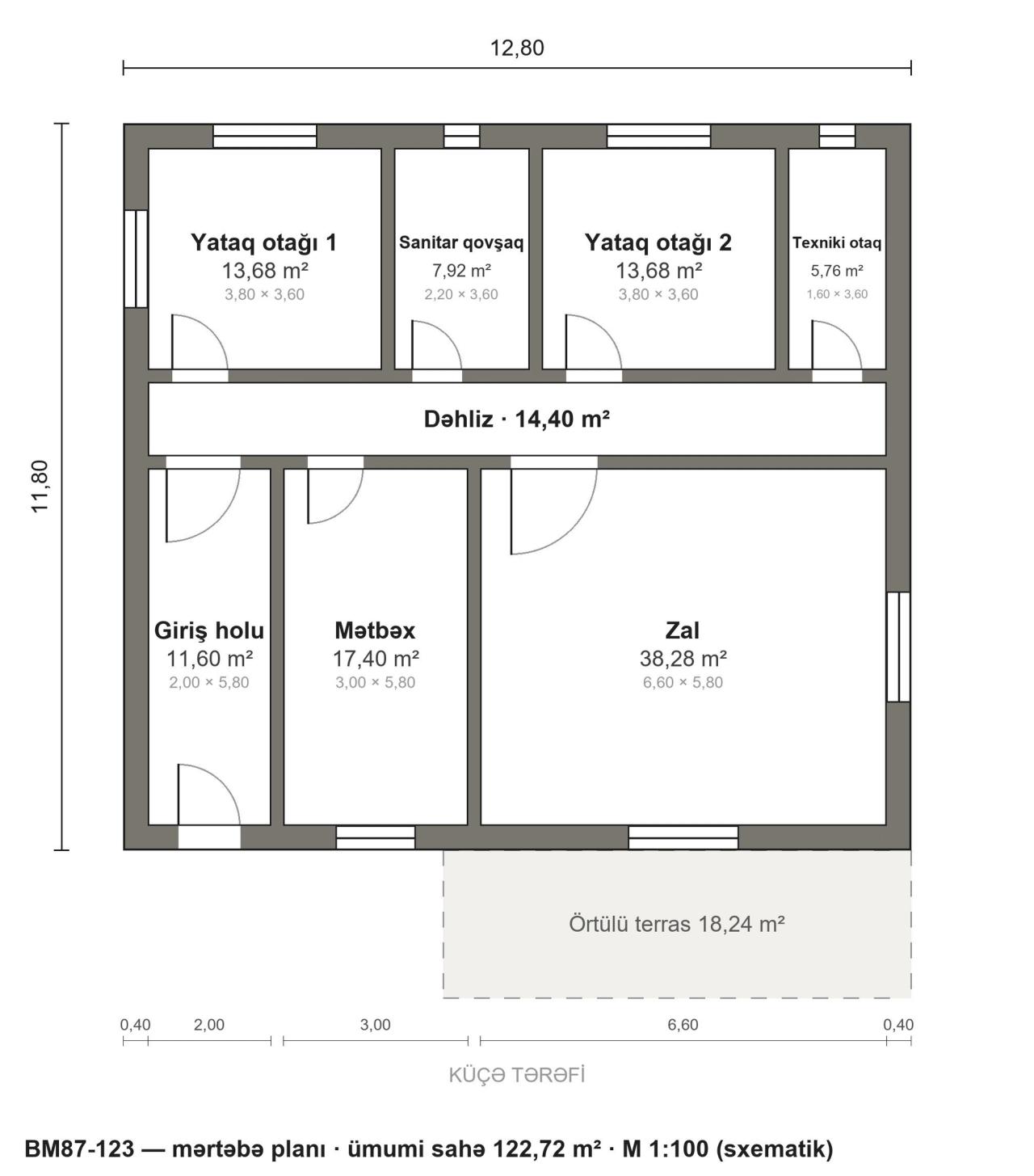 BM87-123 layihəsinin mərtəbə planı — 123 m², 2 yataq otağı