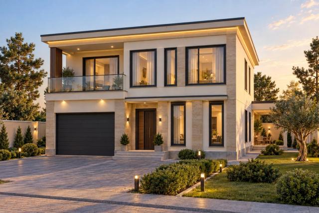 EM71-234 layihəsinin fasad vizuallaşdırması — ikimərtəbəli ev, düz dam