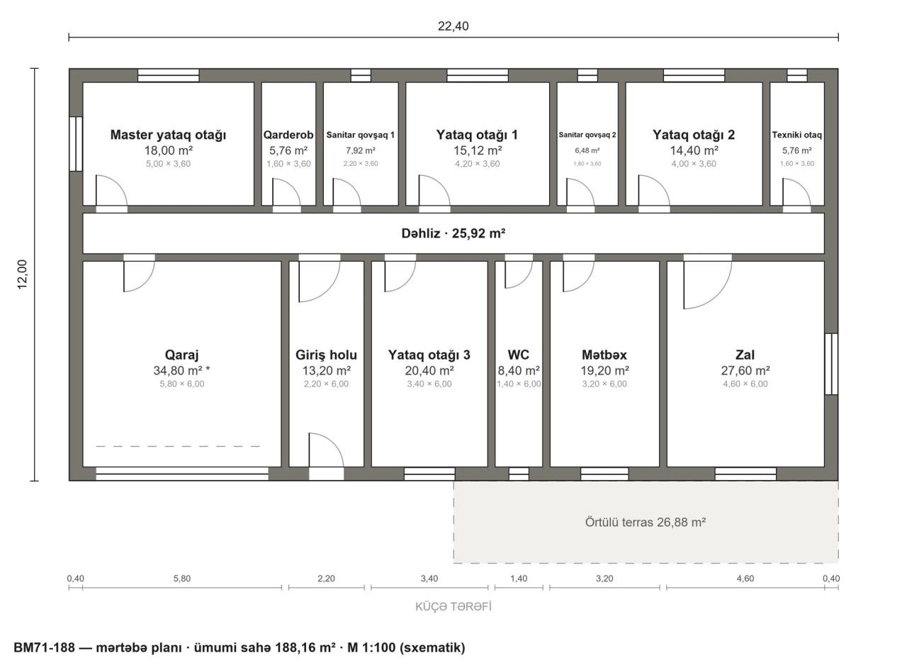 BM71-188 layihəsinin mərtəbə planı — 188 m², 4 yataq otağı