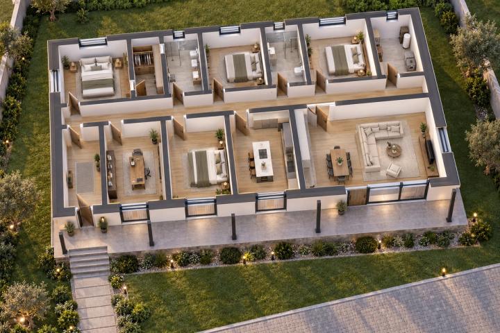 BM20-228 layihəsinin 3D kəsik planı — mebelli otaqlar, vizuallaşdırma