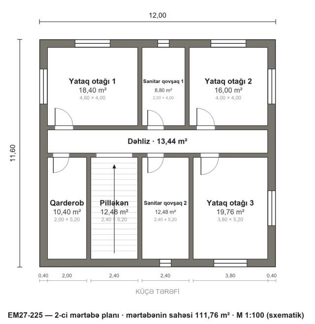 EM27-225 layihəsinin 2-ci mərtəbə planı — 3 yataq otağı