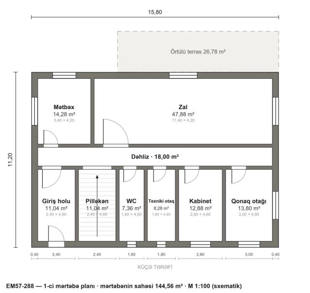 EM57-288 layihəsinin 1-ci mərtəbə planı — 144,56 m²