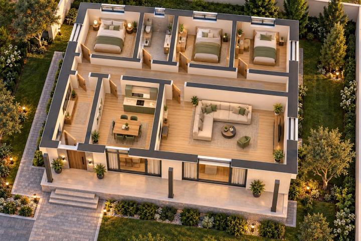 BM70-128 layihəsinin 3D kəsik planı — mebelli otaqlar, vizuallaşdırma