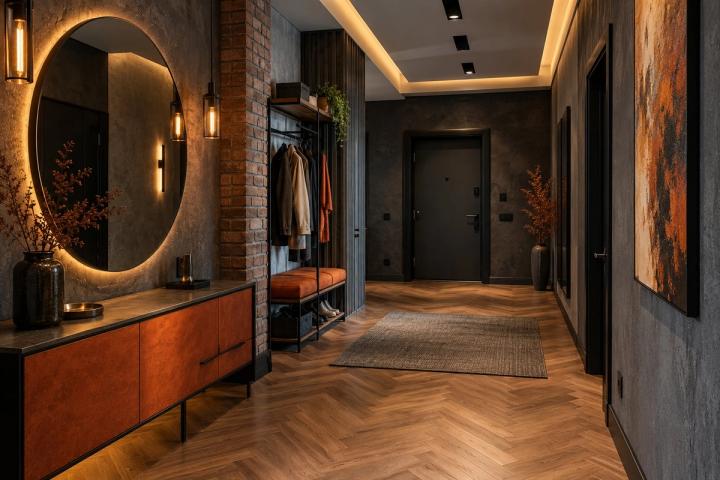Loft üslubunda giriş holu (penthaus, gündüz işığı) — Premium təmir paketi, dizayn vizuallaşdırması