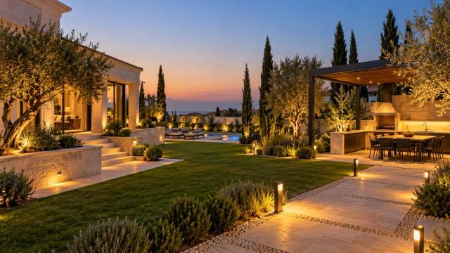 Villa həyəti: zeytun ağacları, daş cığırlar və açıq mətbəx