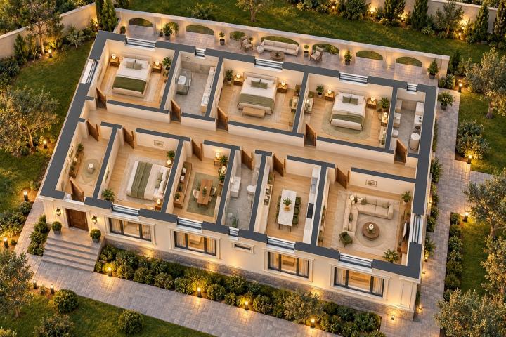 BK44-200 layihəsinin 3D kəsik planı — mebelli otaqlar, vizuallaşdırma
