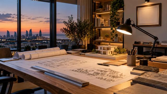 Axşam memar studiyası: çertyoj masası və lampa