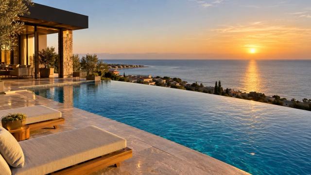Villa terrasında dənizə baxan daşma hovuz