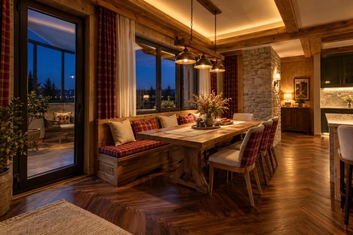 Şale üslubunda yemək zonası (villa, axşam, lampalar yanır) — Premium təmir paketi, dizayn vizuallaşdırması