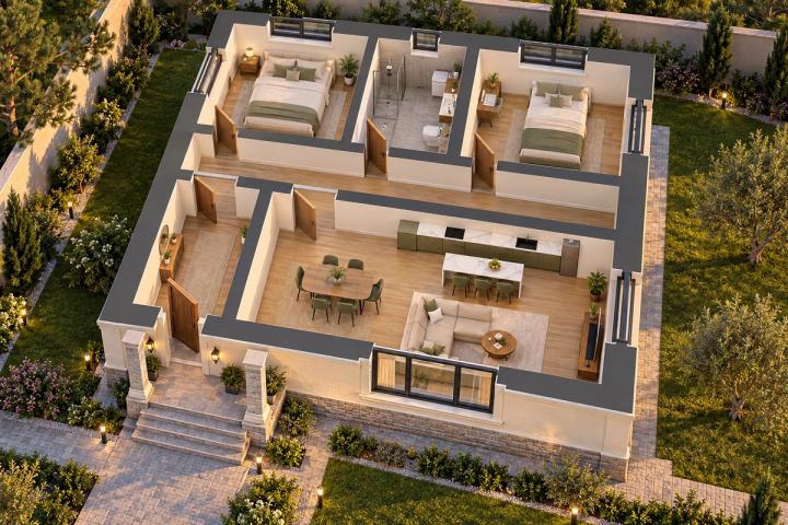 BK69-088 layihəsinin 3D kəsik planı — mebelli otaqlar, vizuallaşdırma