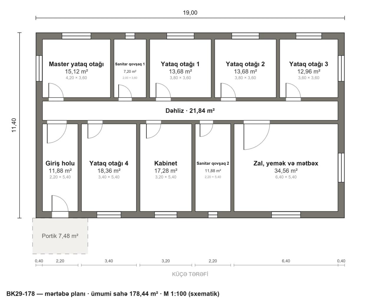 BK29-178 layihəsinin mərtəbə planı — 178 m², 5 yataq otağı