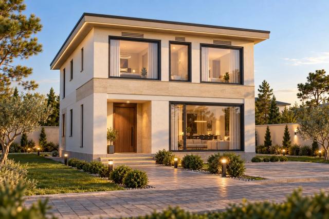 EM27-225 layihəsinin fasad vizuallaşdırması — ikimərtəbəli ev, düz dam