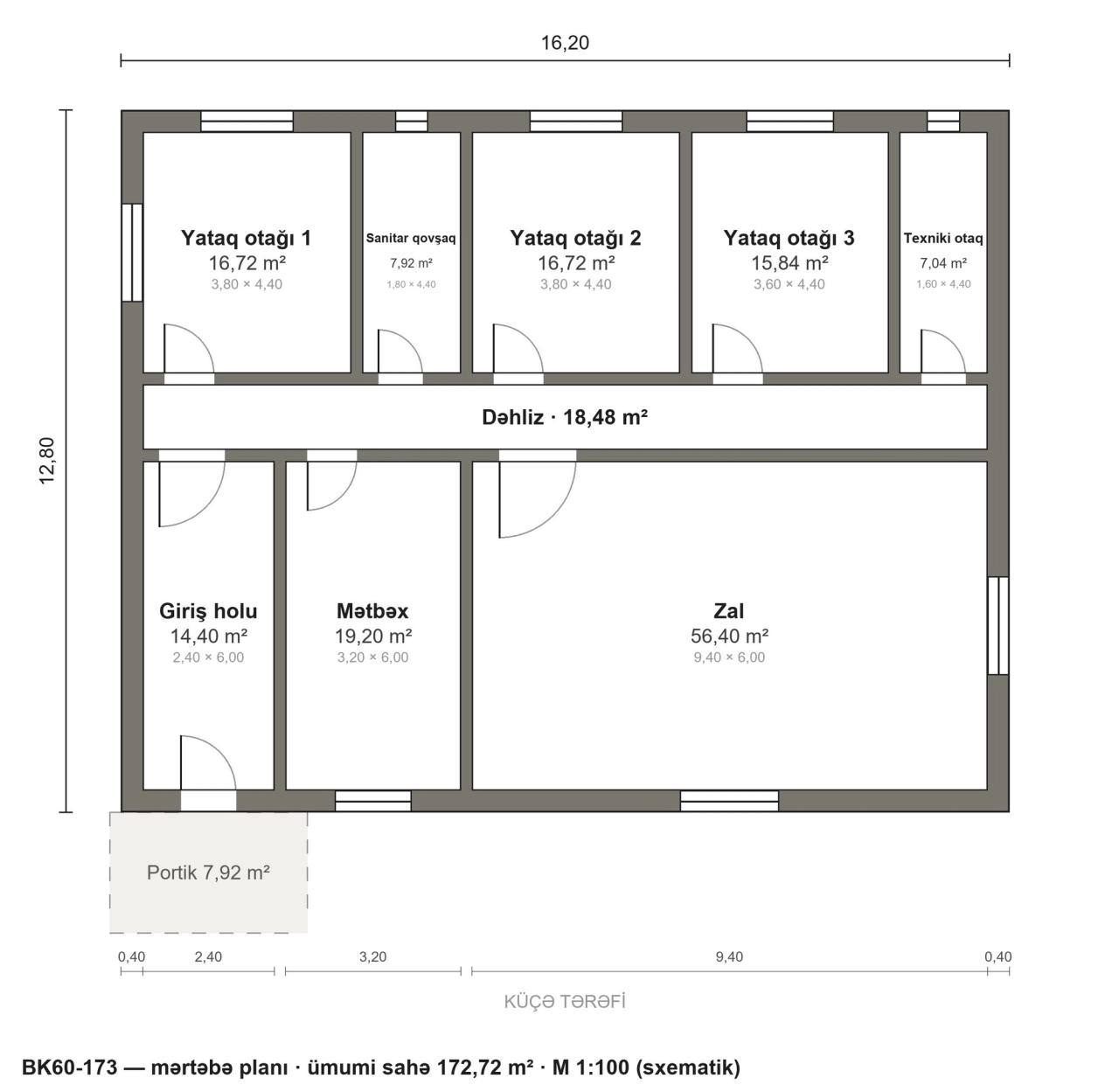 BK60-173 layihəsinin mərtəbə planı — 173 m², 3 yataq otağı