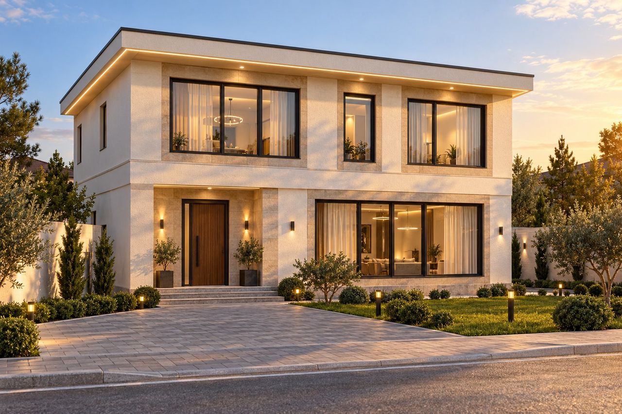 EM16-315 layihəsinin fasad vizuallaşdırması — ikimərtəbəli ev, düz dam
