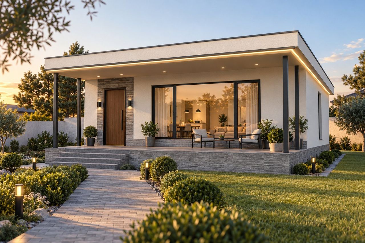 BM01-058 layihəsinin fasad vizuallaşdırması — düz dam, örtülü terras
