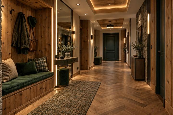 Şale üslubunda giriş holu (penthaus, gündüz işığı) — Premium təmir paketi, dizayn vizuallaşdırması