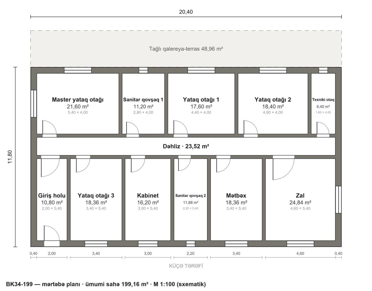 BK34-199 layihəsinin mərtəbə planı — 199 m², 4 yataq otağı