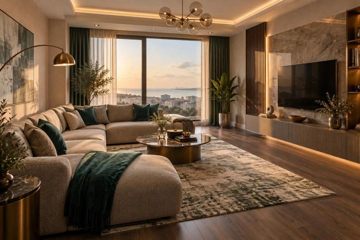 Kontemporari üslubunda qonaq otağı (yaşayış kompleksində mənzil, axşamüstü işıq) — Standart təmir paketi, dizayn vizuallaşdırması