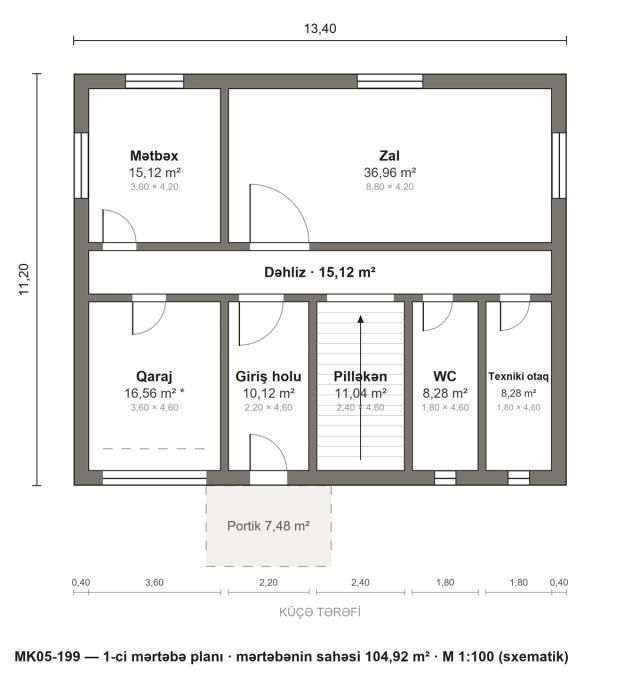 MK05-199 layihəsinin 1-ci mərtəbə planı — 104,92 m²