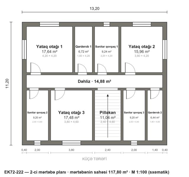 EK72-222 layihəsinin 2-ci mərtəbə planı — 3 yataq otağı