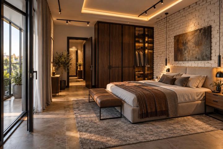 Loft üslubunda yataq otağı (iki mərtəbəli ev, axşamüstü işıq) — Premium təmir paketi, dizayn vizuallaşdırması