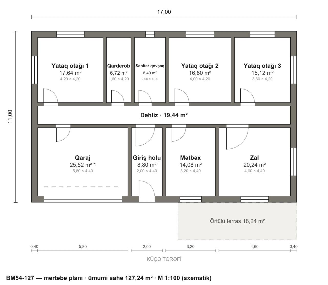 BM54-127 layihəsinin mərtəbə planı — 127 m², 3 yataq otağı