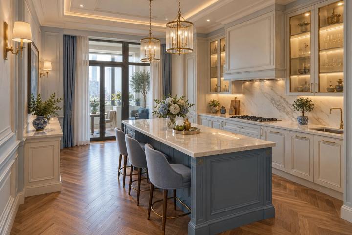 Neoklassik üslubunda mətbəx (yeni tikili mənzil, gündüz işığı) — Premium təmir paketi, dizayn vizuallaşdırması