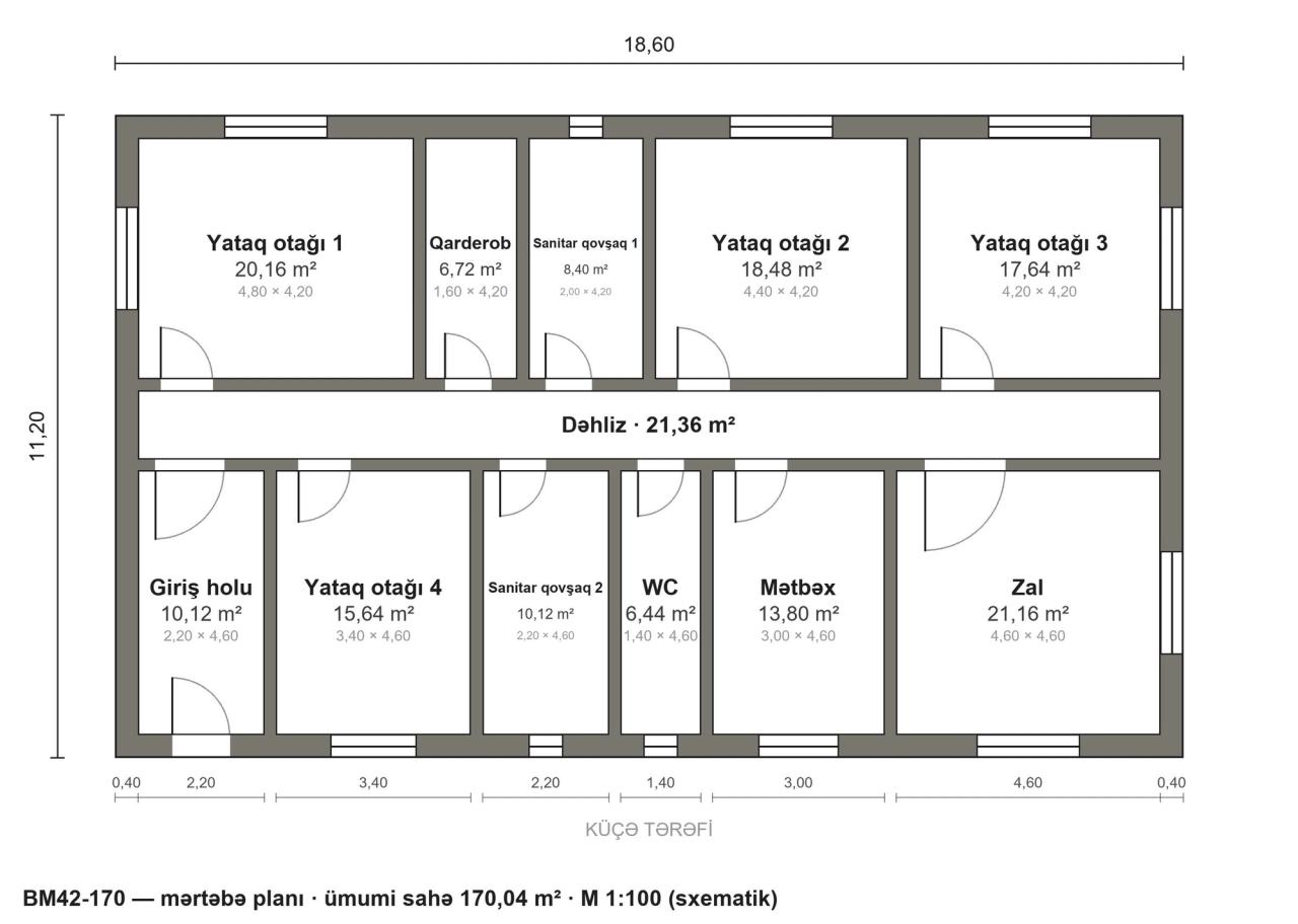 BM42-170 layihəsinin mərtəbə planı — 170 m², 4 yataq otağı
