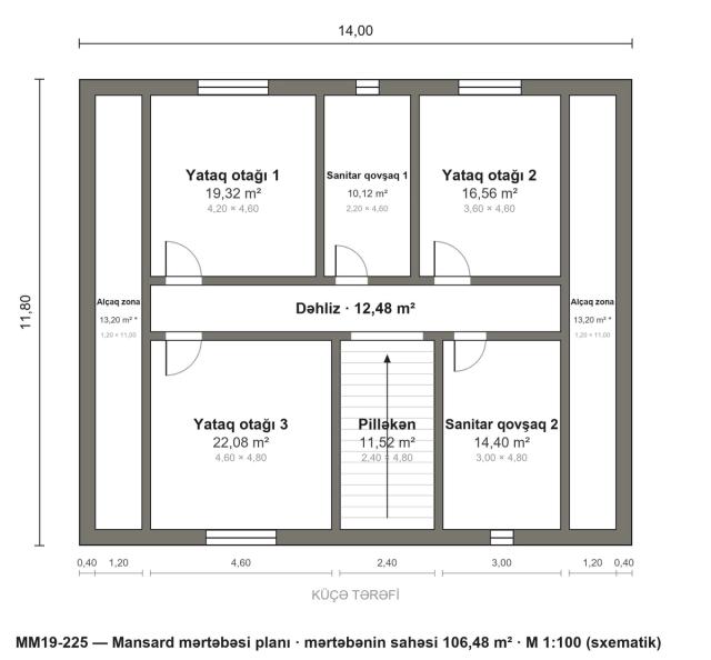 MM19-225 layihəsinin mansard mərtəbəsi planı — 3 yataq otağı