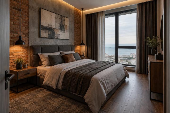 Loft üslubunda yataq otağı (yaşayış kompleksində mənzil, gündüz işığı) — Standart təmir paketi, dizayn vizuallaşdırması