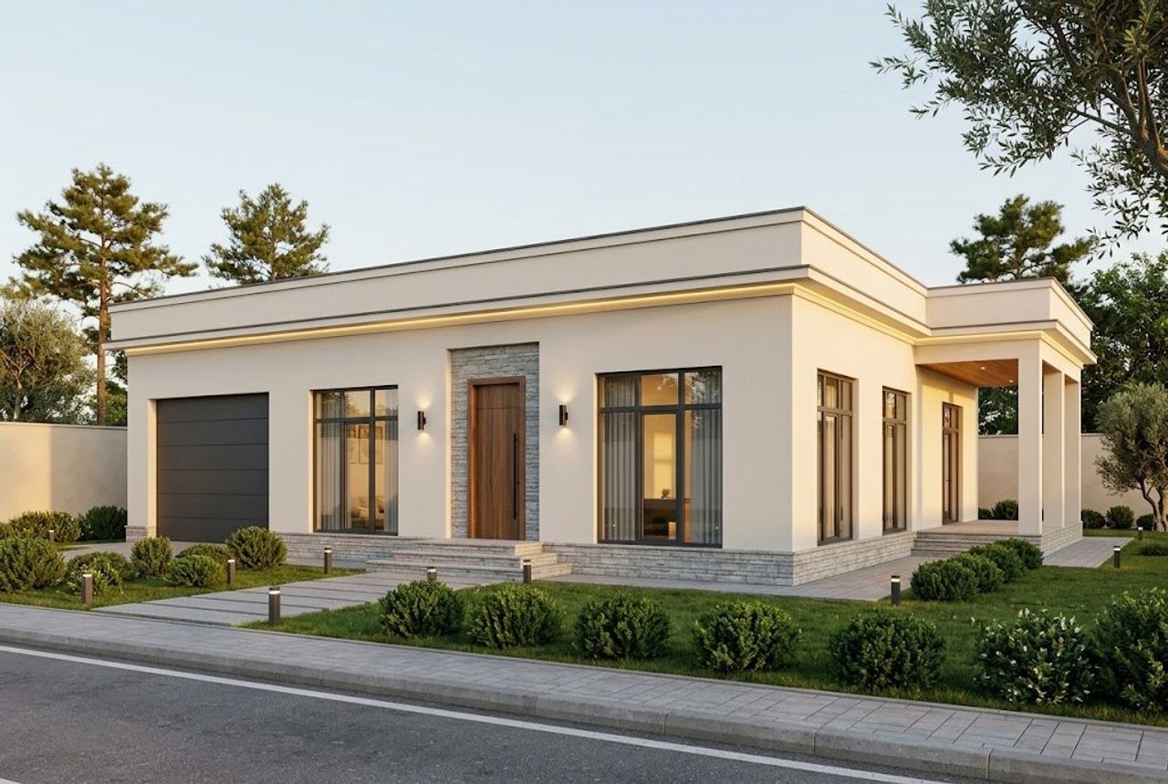 BM33-197 layihəsinin fasad vizuallaşdırması — düz dam, örtülü terras