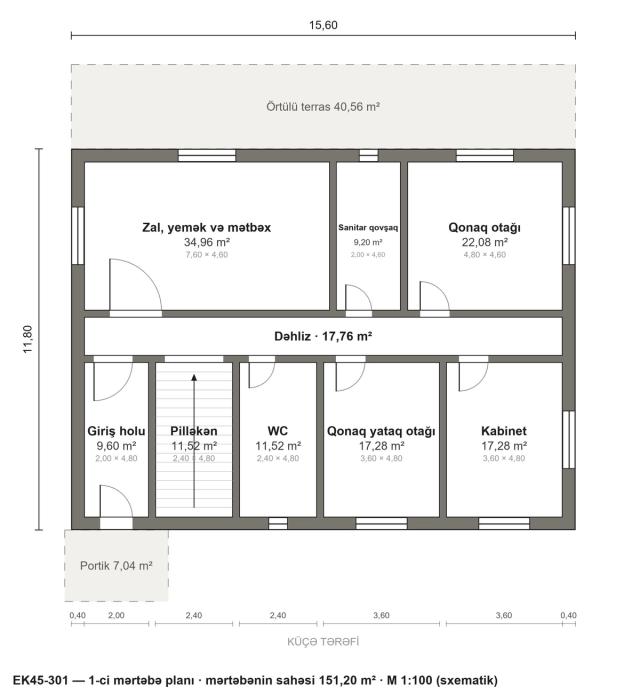 EK45-301 layihəsinin 1-ci mərtəbə planı — 151,20 m²