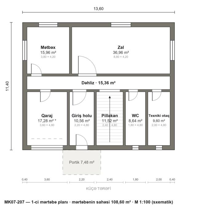 MK07-207 layihəsinin 1-ci mərtəbə planı — 108,60 m²