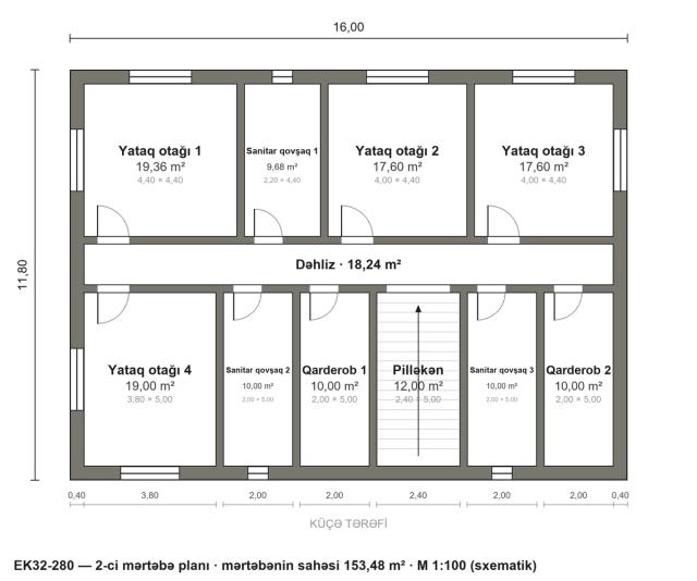 EK32-280 layihəsinin 2-ci mərtəbə planı — 4 yataq otağı