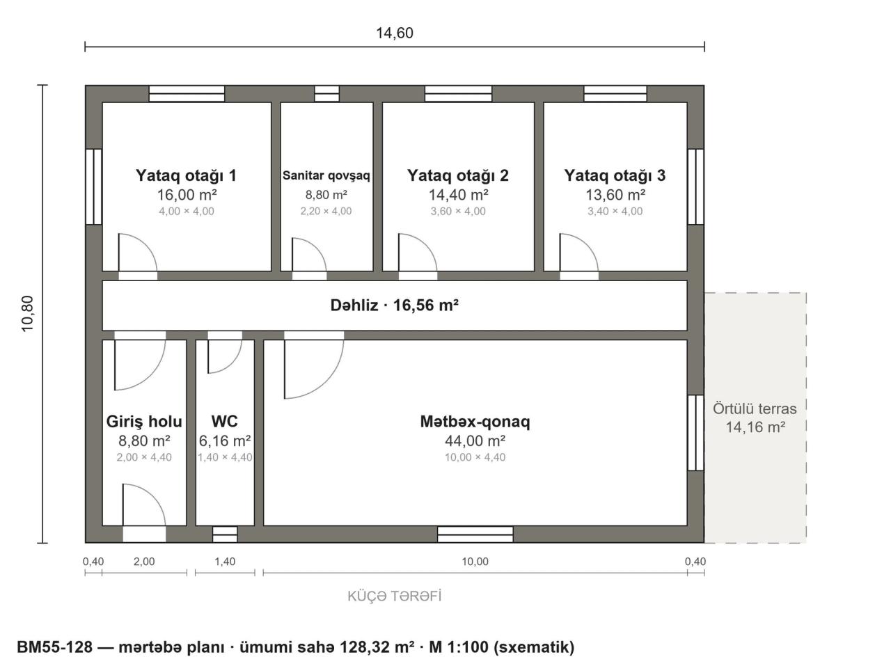BM55-128 layihəsinin mərtəbə planı — 128 m², 3 yataq otağı