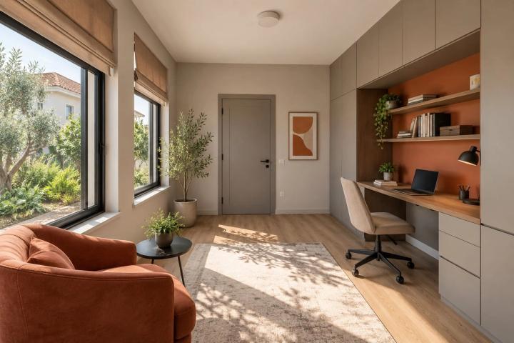 Modern üslubunda kabinet (yaşayış kompleksində mənzil, gündüz işığı) — Ekonom təmir paketi, dizayn vizuallaşdırması