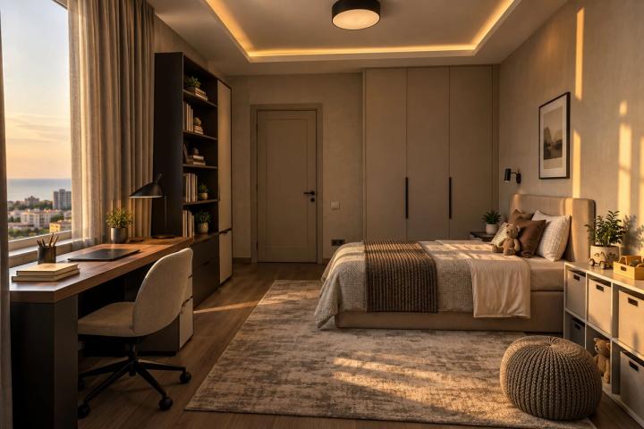 Modern üslubunda uşaq otağı (köhnə planlı mənzil, axşamüstü işıq) — Standart təmir paketi, dizayn vizuallaşdırması