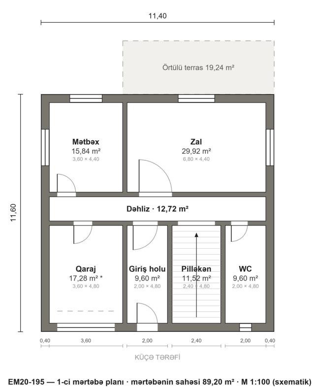 EM20-195 layihəsinin 1-ci mərtəbə planı — 89,20 m²