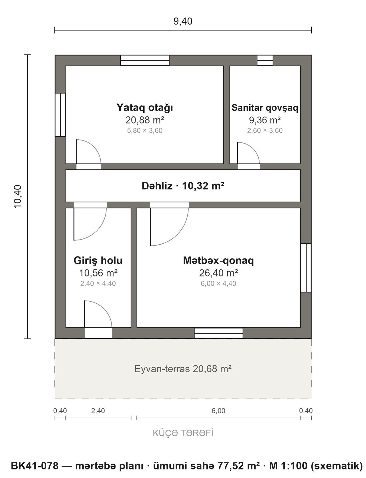 BK41-078 layihəsinin mərtəbə planı — 78 m², 1 yataq otağı
