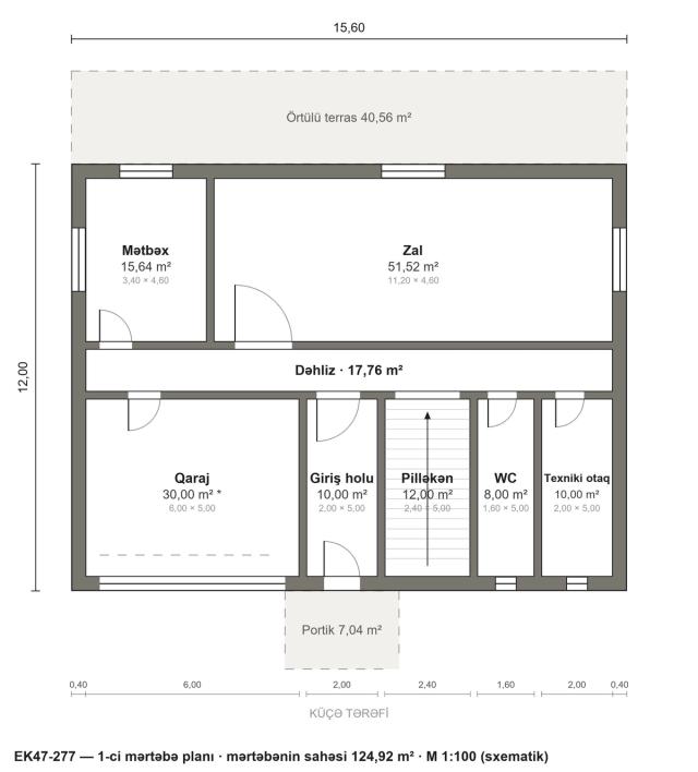 EK47-277 layihəsinin 1-ci mərtəbə planı — 124,92 m²