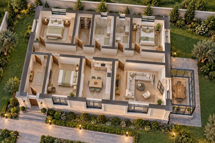 BK12-130 layihəsinin 3D kəsik planı — mebelli otaqlar, vizuallaşdırma